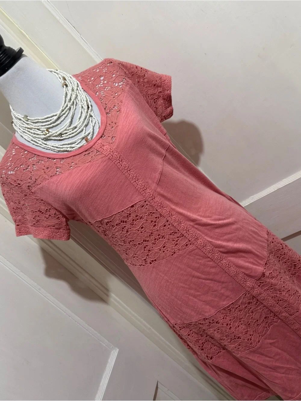 Sahalie Coral Pink Lace Panel Dress